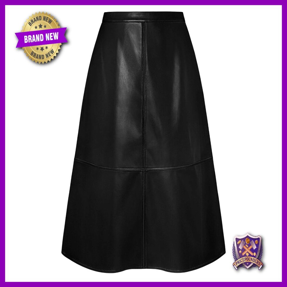 Faux Leather Midi Skirt High Waist A-Line Fall Winter Professional Casual - Picture 1 of 7